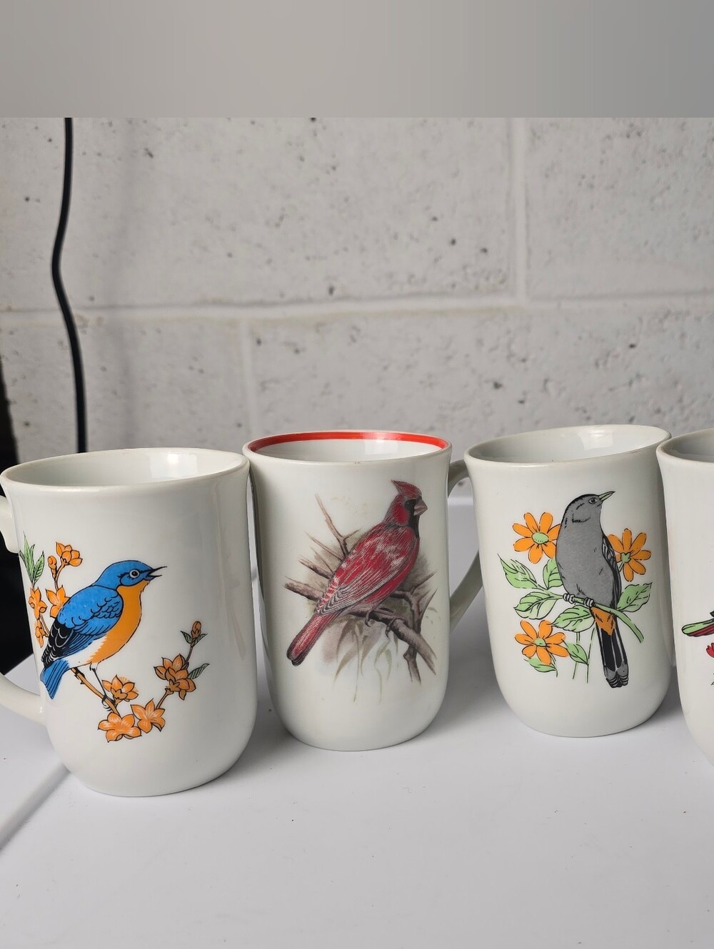 Vintage Porcelain Ceramic Bird Floral Print Coffee Mug Set Of 4